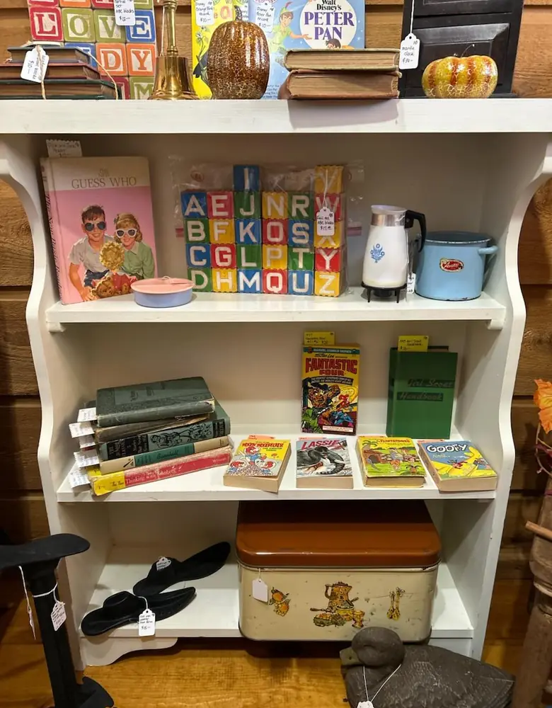 White painted bookshelf at Chaintiques with vintage books, alphabet blocks, and a cornflower coffee pot